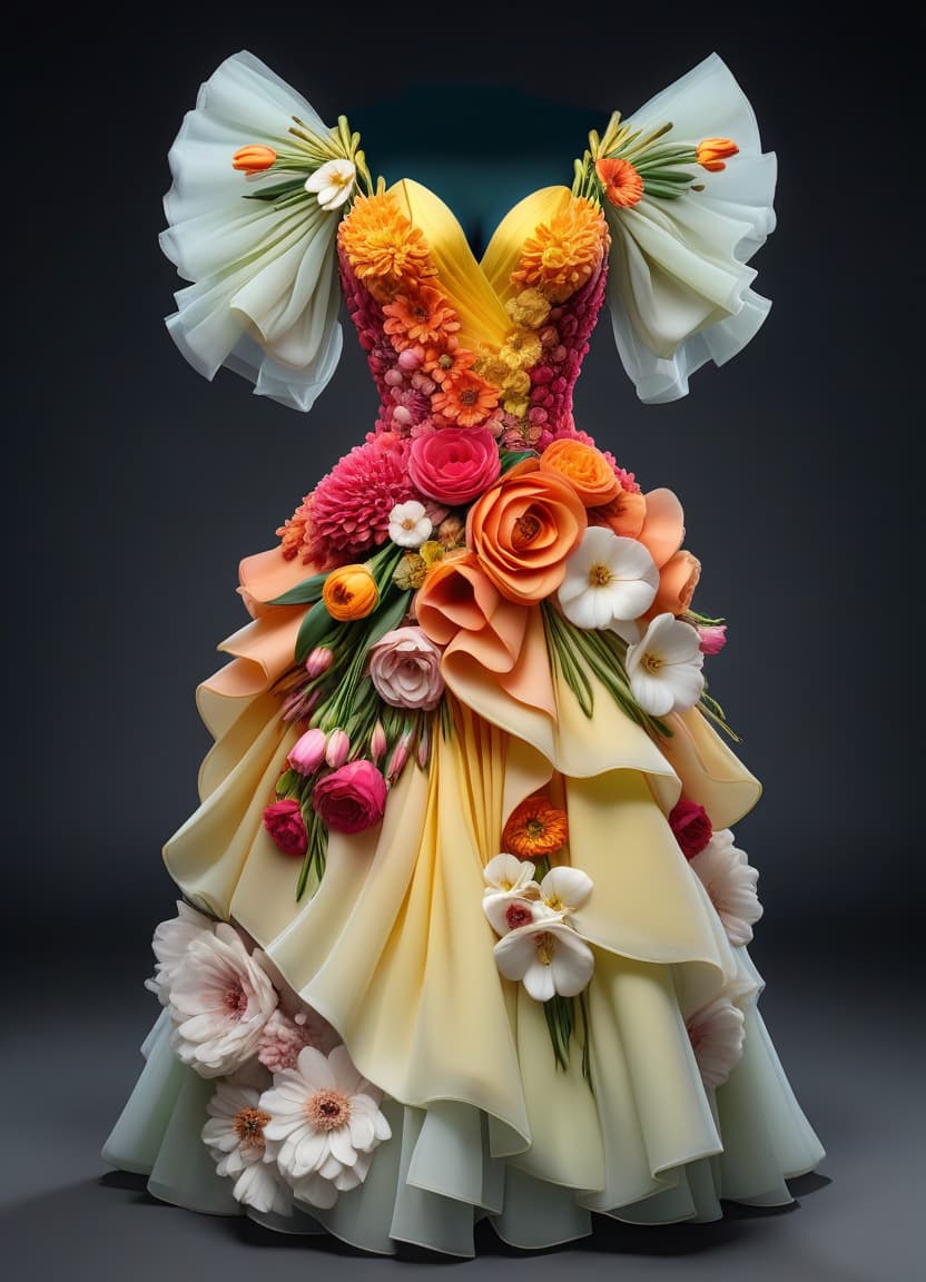  Dress made entirely of flowers, flowers cover the fabric completely, made of flowers, many flowers, 3/4 view, realistic, photo, 3D, voluminous, detailed and pleasant, elegant., hkmagic hyperrealistic, full body, detailed clothing, highly detailed, cinematic lighting, stunningly beautiful, intricate, sharp focus, f/1. 8, 85mm, (centered image composition), (professionally color graded), ((bright soft diffused light)), volumetric fog, trending on instagram, trending on tumblr, HDR 4K, 8K