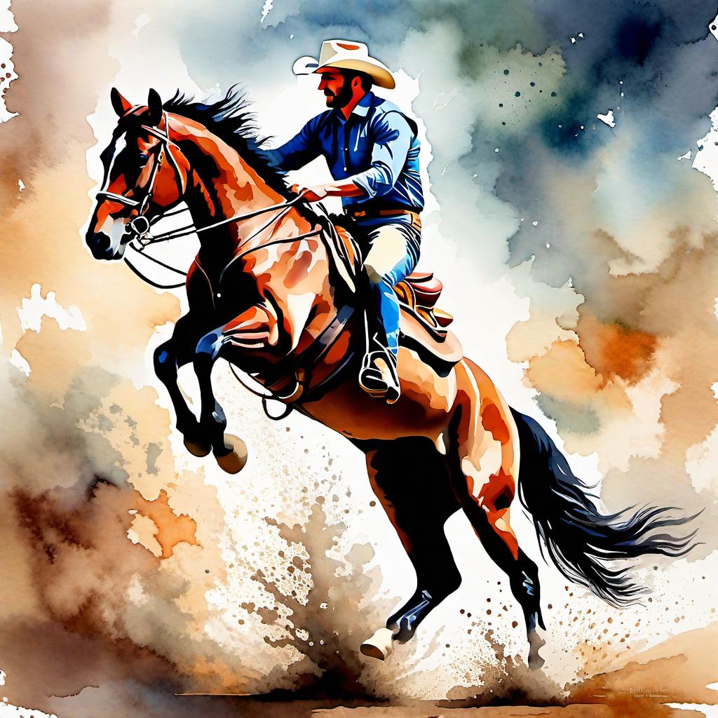  Create a watercolor painting of a man ridding a bucking horse at a rodeo. The background features soft, watercolor style splashes in earthy tones, giving the image an artistic and dreamy feel. Ensure the overall image has a delicate watercolor effect.