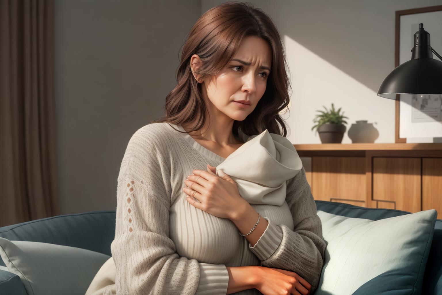  "Realistic image of a middle aged woman clutching her chest in discomfort, sitting on a cozy living room sofa. Her expression shows concern and slight pain, highlighting early signs of a heart attack. The background is a softly lit, tidy living room with warm tones, creating a homely and relatable atmosphere. The focus is on her upper body and face, ensuring her symptoms are clear. Use high quality, realistic style modifiers to enhance the detail and emotional impact, avoiding any distractions to maintain focus on her condition."Ensure no face,leg,hand or eye defomities.Ensure all images are clear, detailed, contains no text and no deformities. realistic, highly detailed, photorealistic, cinematic lighting, intricate, sharp focus, f/1.8, 85 hyperrealistic, full body, detailed clothing, highly detailed, cinematic lighting, stunningly beautiful, intricate, sharp focus, f/1. 8, 85mm, (centered image composition), (professionally color graded), ((bright soft diffused light)), volumetric fog, trending on instagram, trending on tumblr, HDR 4K, 8K