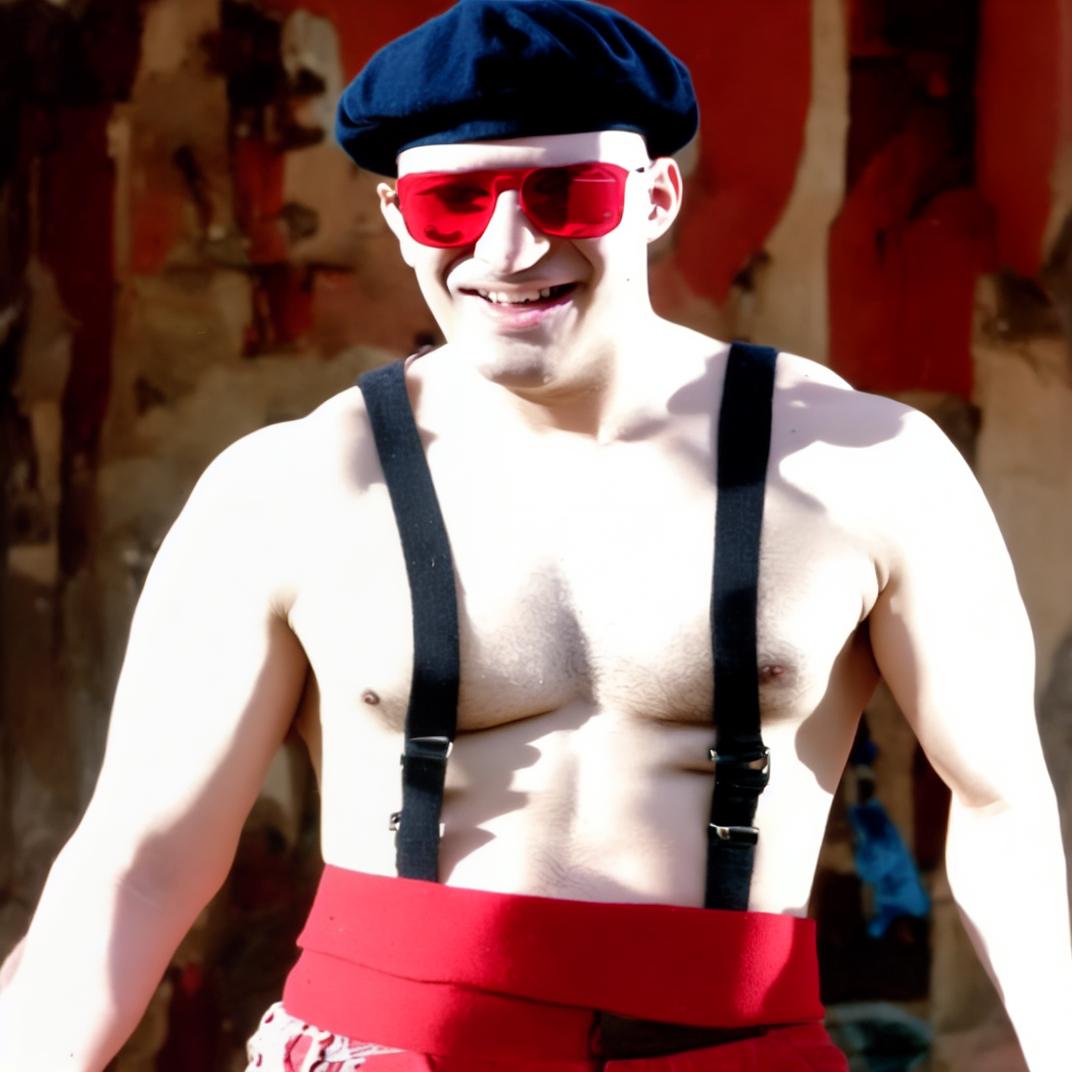  a shirtless bald guy with colgate white skin wearing a beret and suspenders with red sunglasses zoombie