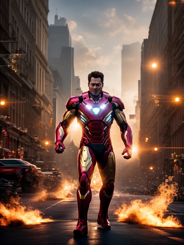  ironman tony stark in cinematic poster hyperrealistic, full body, detailed clothing, highly detailed, cinematic lighting, stunningly beautiful, intricate, sharp focus, f/1. 8, 85mm, (centered image composition), (professionally color graded), ((bright soft diffused light)), volumetric fog, trending on instagram, trending on tumblr, HDR 4K, 8K