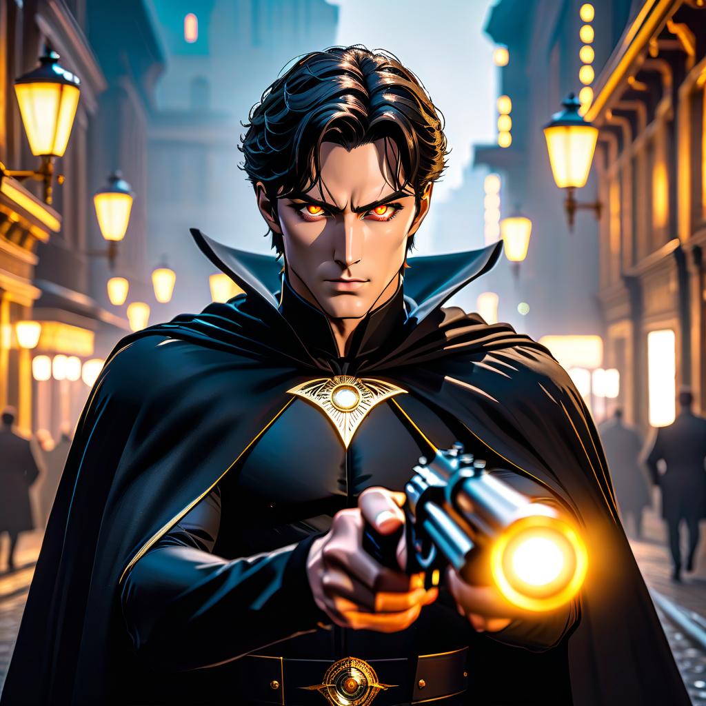  cinematic photo A tall man in a black cape and with glowing golden eyes. His hair is combed backwards, like an Italian. The hair is black. There is a scar under his left eye. He has a revolver in his hand. . 35mm photograph, film, bokeh, professional, 4k, highly detailed hyperrealistic, full body, detailed clothing, highly detailed, cinematic lighting, stunningly beautiful, intricate, sharp focus, f/1. 8, 85mm, (centered image composition), (professionally color graded), ((bright soft diffused light)), volumetric fog, trending on instagram, trending on tumblr, HDR 4K, 8K