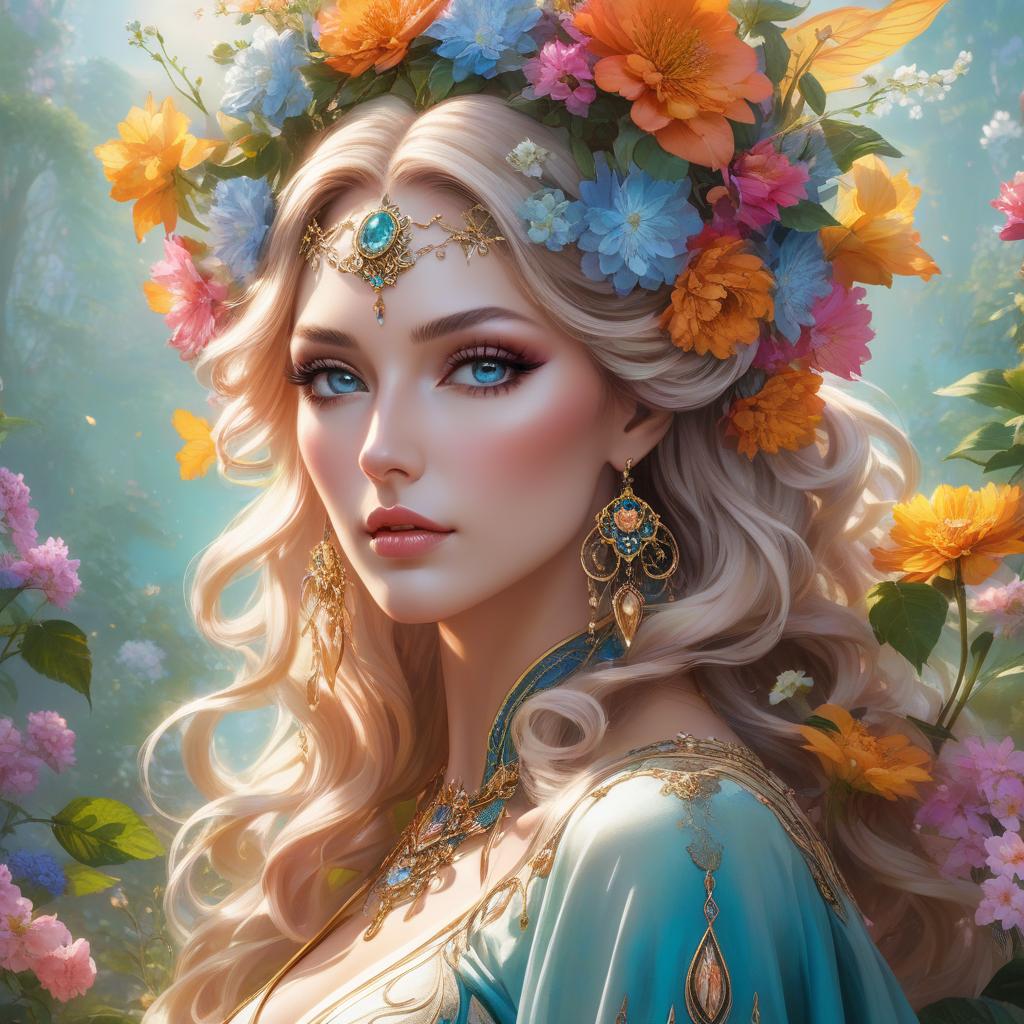  A vibrant portrait of a woman with a floral headdress, swirling hair, and rich, vivid colors conveying a fantasy aesthetic. a painting of a woman with flowers in her hair, flower goddess, beautiful art uhd 4 k, beautiful fantasy art portrait, goddess of nature, beautiful fantasy portrait, goddess of summer, goddess portrait, colorfull digital fantasy art, goddess of spring, beautiful fantasy maiden, portrait of a beautiful goddess, earth goddess mythology, karol bak uhd, the goddess of summer hyperrealistic, full body, detailed clothing, highly detailed, cinematic lighting, stunningly beautiful, intricate, sharp focus, f/1. 8, 85mm, (centered image composition), (professionally color graded), ((bright soft diffused light)), volumetric fog, trending on instagram, trending on tumblr, HDR 4K, 8K