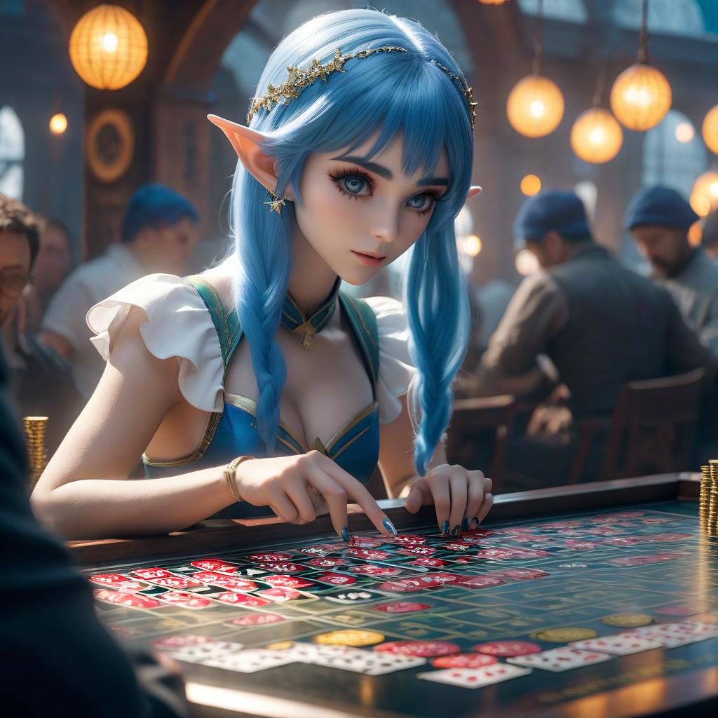  cinematic photo A girl elf with blue hair plays lotto. . 35mm photograph, film, bokeh, professional, 4k, highly detailed hyperrealistic, full body, detailed clothing, highly detailed, cinematic lighting, stunningly beautiful, intricate, sharp focus, f/1. 8, 85mm, (centered image composition), (professionally color graded), ((bright soft diffused light)), volumetric fog, trending on instagram, trending on tumblr, HDR 4K, 8K