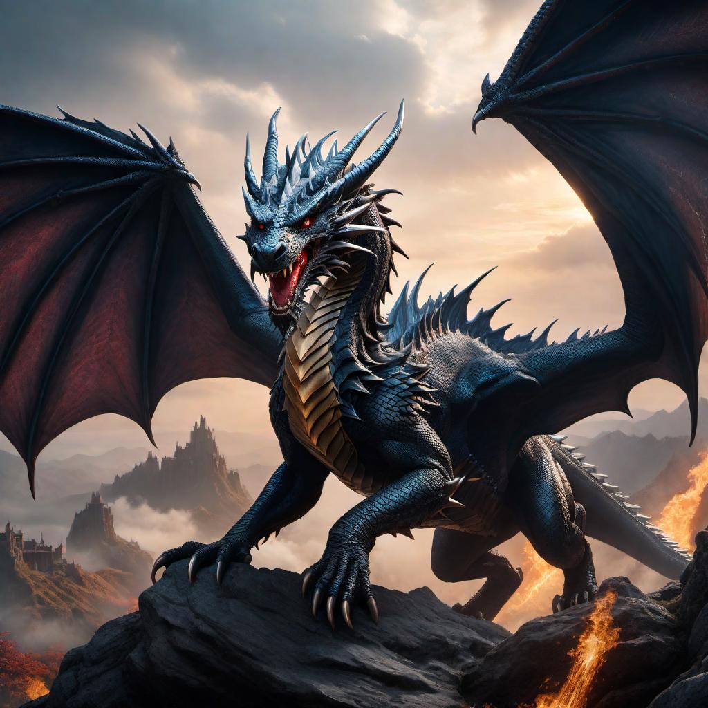  A fierce dragon holding a sword, with an intense expression, chasing after a demon that has emerged from a swirling, mystical portal. The dragon is majestic with vibrant scales, large wings, and sharp claws, while the demon appears menacing and otherworldly with dark, shadowy features. The background showcases a fantastical landscape with mystical elements and a dramatic, dynamic atmosphere. hyperrealistic, full body, detailed clothing, highly detailed, cinematic lighting, stunningly beautiful, intricate, sharp focus, f/1. 8, 85mm, (centered image composition), (professionally color graded), ((bright soft diffused light)), volumetric fog, trending on instagram, trending on tumblr, HDR 4K, 8K