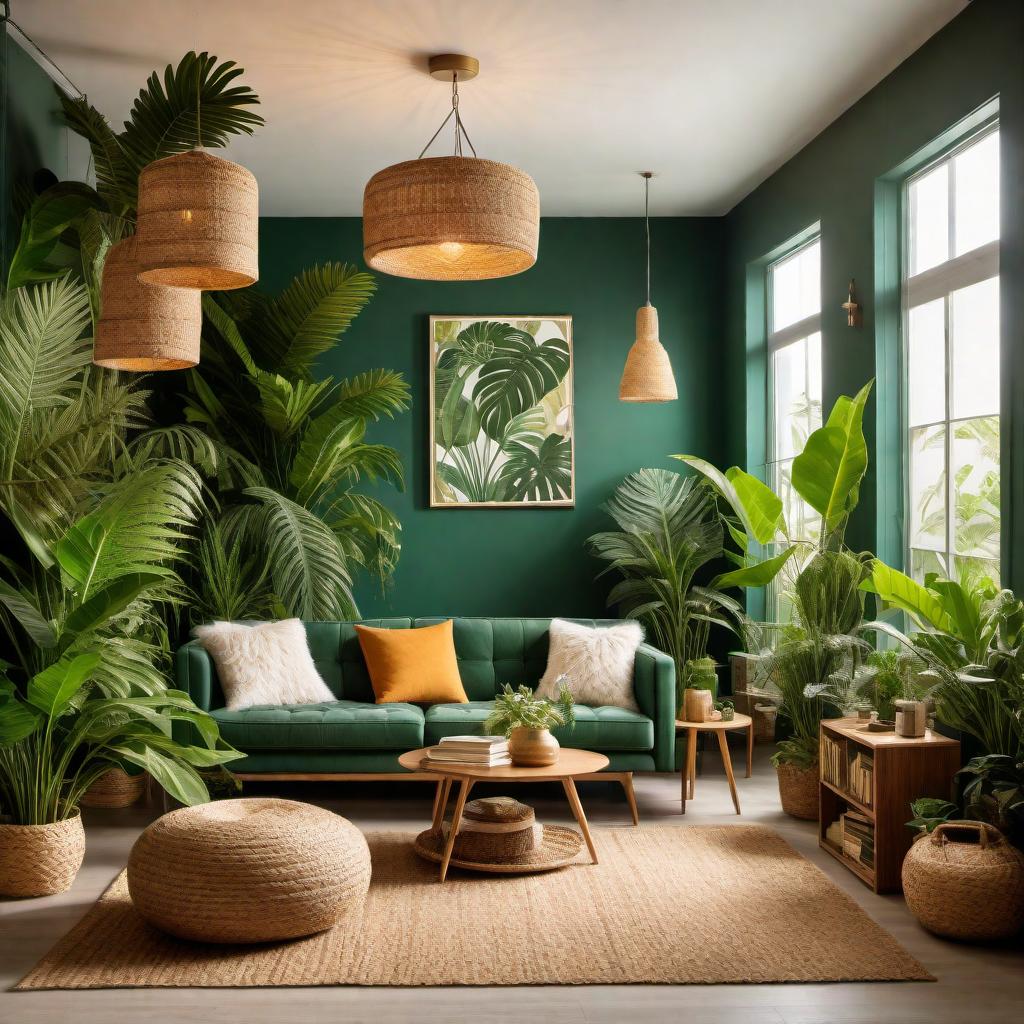  A cozy and vibrant jungle-themed living room in an apartment. The room features deep green walls with tropical leaf patterns and wooden paneling. There are natural, earthy furniture pieces made of rattan and wicker, including a low, comfy seating area with beanbags and a hammock. The room is filled with numerous indoor plants like ferns, palms, and hanging plants. The decor includes cushions with animal prints, a large jute rug, and shelves with books and jungle-themed artwork. Warm, soft lighting from floor lamps and string lights enhances the ambiance. hyperrealistic, full body, detailed clothing, highly detailed, cinematic lighting, stunningly beautiful, intricate, sharp focus, f/1. 8, 85mm, (centered image composition), (professionally color graded), ((bright soft diffused light)), volumetric fog, trending on instagram, trending on tumblr, HDR 4K, 8K