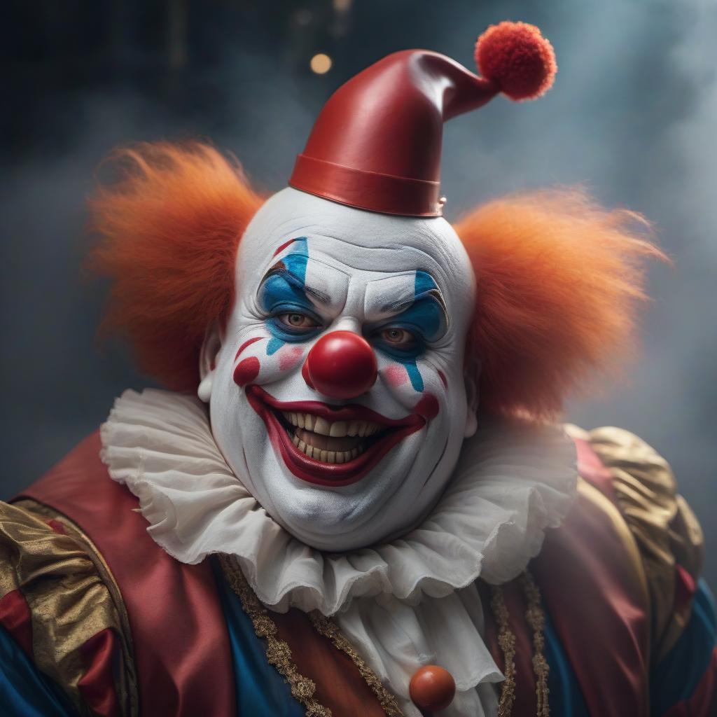  "Create a portrait of a fat, kind clown." hyperrealistic, full body, detailed clothing, highly detailed, cinematic lighting, stunningly beautiful, intricate, sharp focus, f/1. 8, 85mm, (centered image composition), (professionally color graded), ((bright soft diffused light)), volumetric fog, trending on instagram, trending on tumblr, HDR 4K, 8K