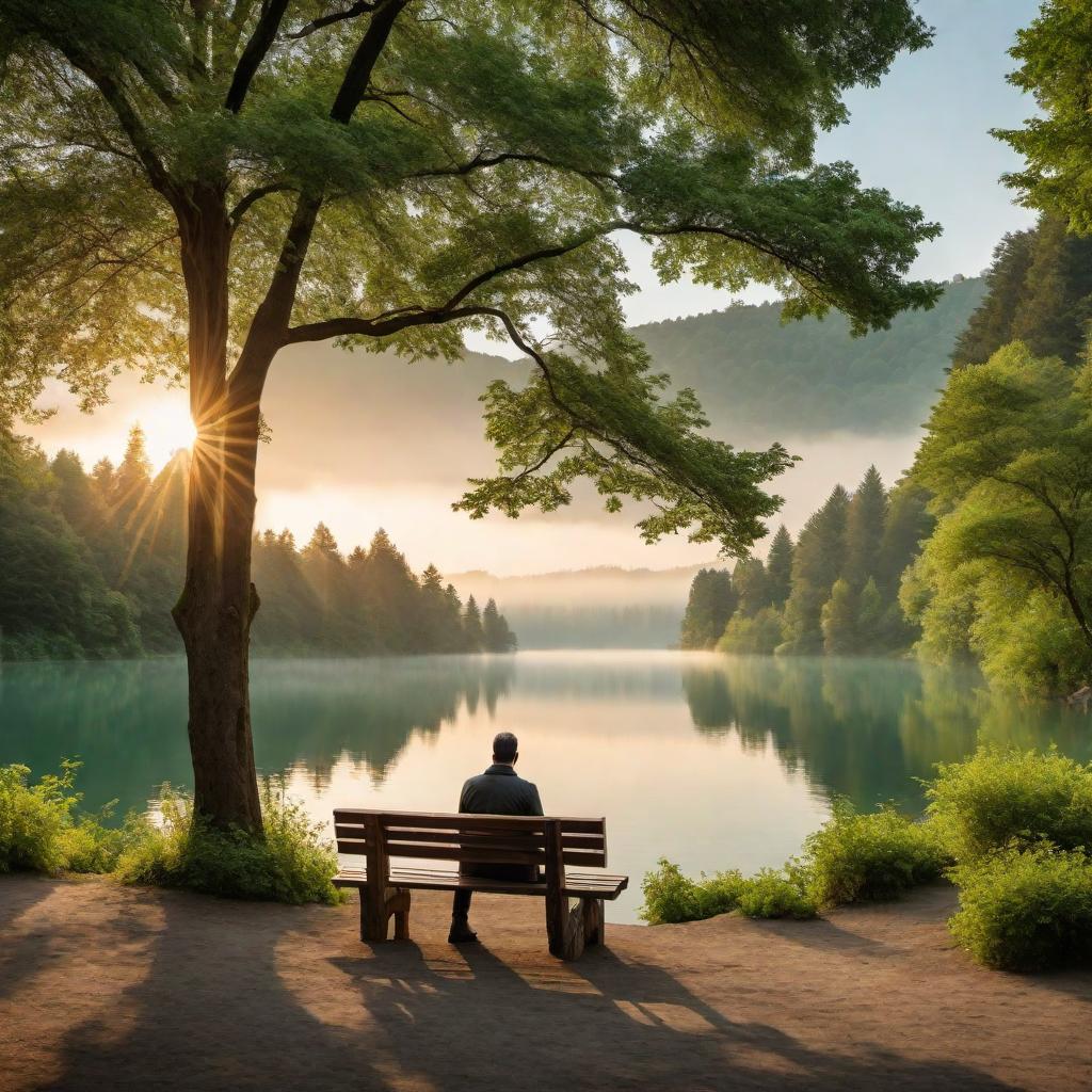  A person enjoying a sunset on a serene landscape, sitting on a wooden bench by a calm lake surrounded by lush green trees. hyperrealistic, full body, detailed clothing, highly detailed, cinematic lighting, stunningly beautiful, intricate, sharp focus, f/1. 8, 85mm, (centered image composition), (professionally color graded), ((bright soft diffused light)), volumetric fog, trending on instagram, trending on tumblr, HDR 4K, 8K