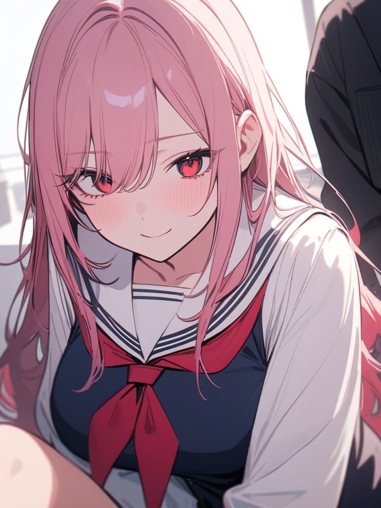  Pink hair, long hair, menhera, red eye, sailor suit, smile, murder, masterpiece, best quality,8k,ultra detailed,high resolution,an extremely delicate and beautiful,hyper detail