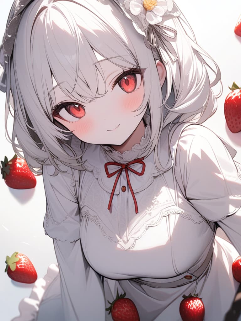  Cute, girl, big eyes, white skin, thin body, pure white hair color, bright red eyes, fluffy hair, exposure, strawberry, smiles, red and white clothes, dresses, frill dresses., masterpiece, best quality,8k,ultra detailed,high resolution,an extremely delicate and beautiful,hyper detail