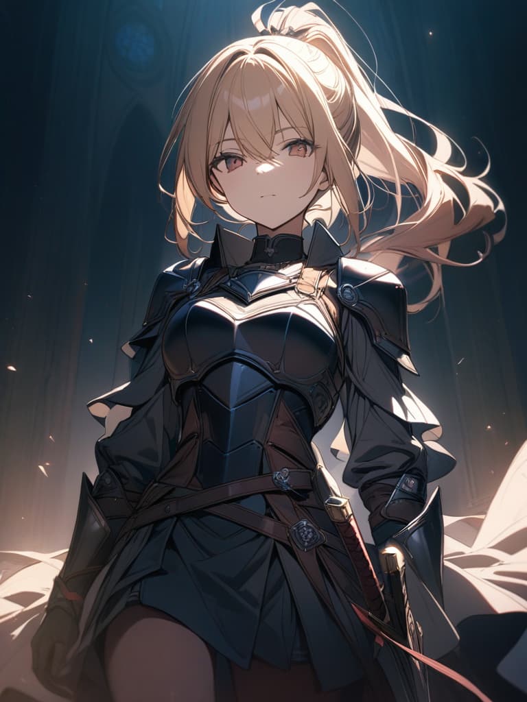  Women, armor, cool, blonde, ponytail, sword, masterpiece, best quality,8k,ultra detailed,high resolution,an extremely delicate and beautiful,hyper detail