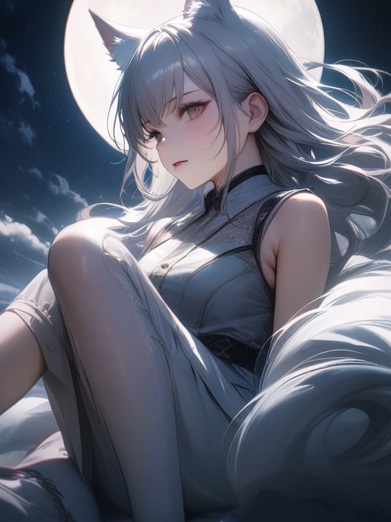  Masterpiece,moon night,cool and pretty White wolf girl,wolf ear,9 wolf tails,whole (body),Realistic,quality,8K, masterpiece, best quality,8k,ultra detailed,high resolution,an extremely delicate and beautiful,hyper detail