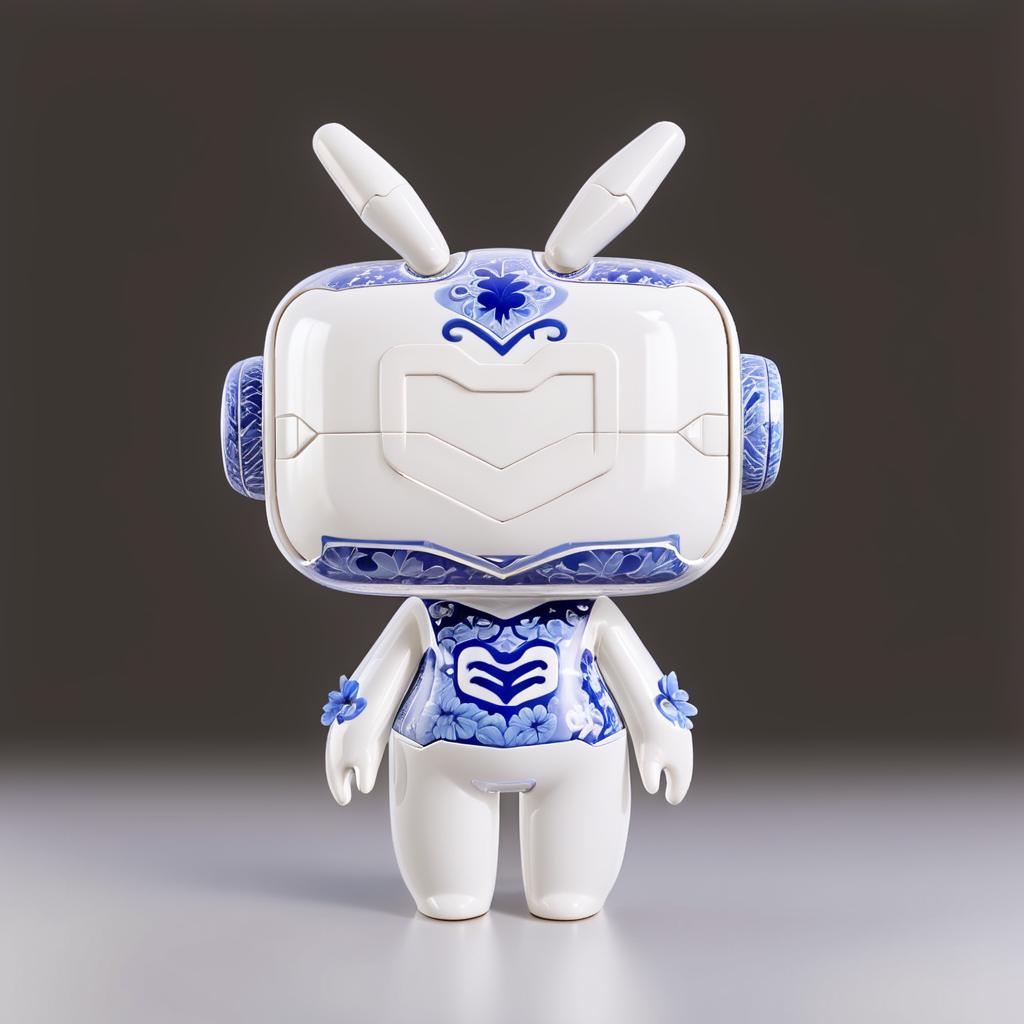  anxiaozhi, "An Xiao Zhi", cute white robot with mask fully enveloped in a continuous and dense blue and white porcelain floral design, with the elegant and intricate Chinese style motif covering every inch of its shell, , standing pose, front view,