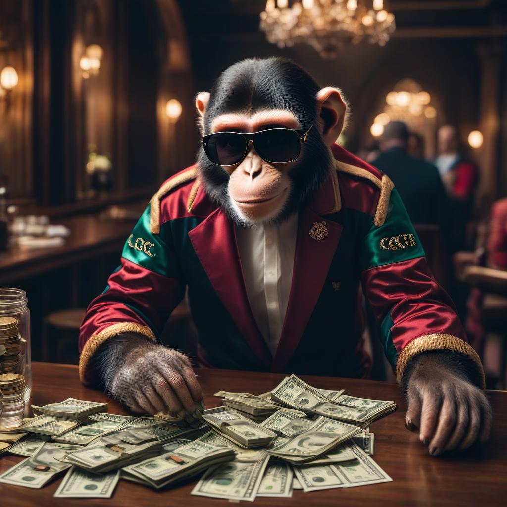  cinematic film still A monkey in a Gucci tracksuit and black sunglasses sits at a table and counts money in his hands and smiles . shallow depth of field, vignette, highly detailed, high budget, bokeh, cinemascope, moody, epic, gorgeous, film grain, grainy hyperrealistic, full body, detailed clothing, highly detailed, cinematic lighting, stunningly beautiful, intricate, sharp focus, f/1. 8, 85mm, (centered image composition), (professionally color graded), ((bright soft diffused light)), volumetric fog, trending on instagram, trending on tumblr, HDR 4K, 8K