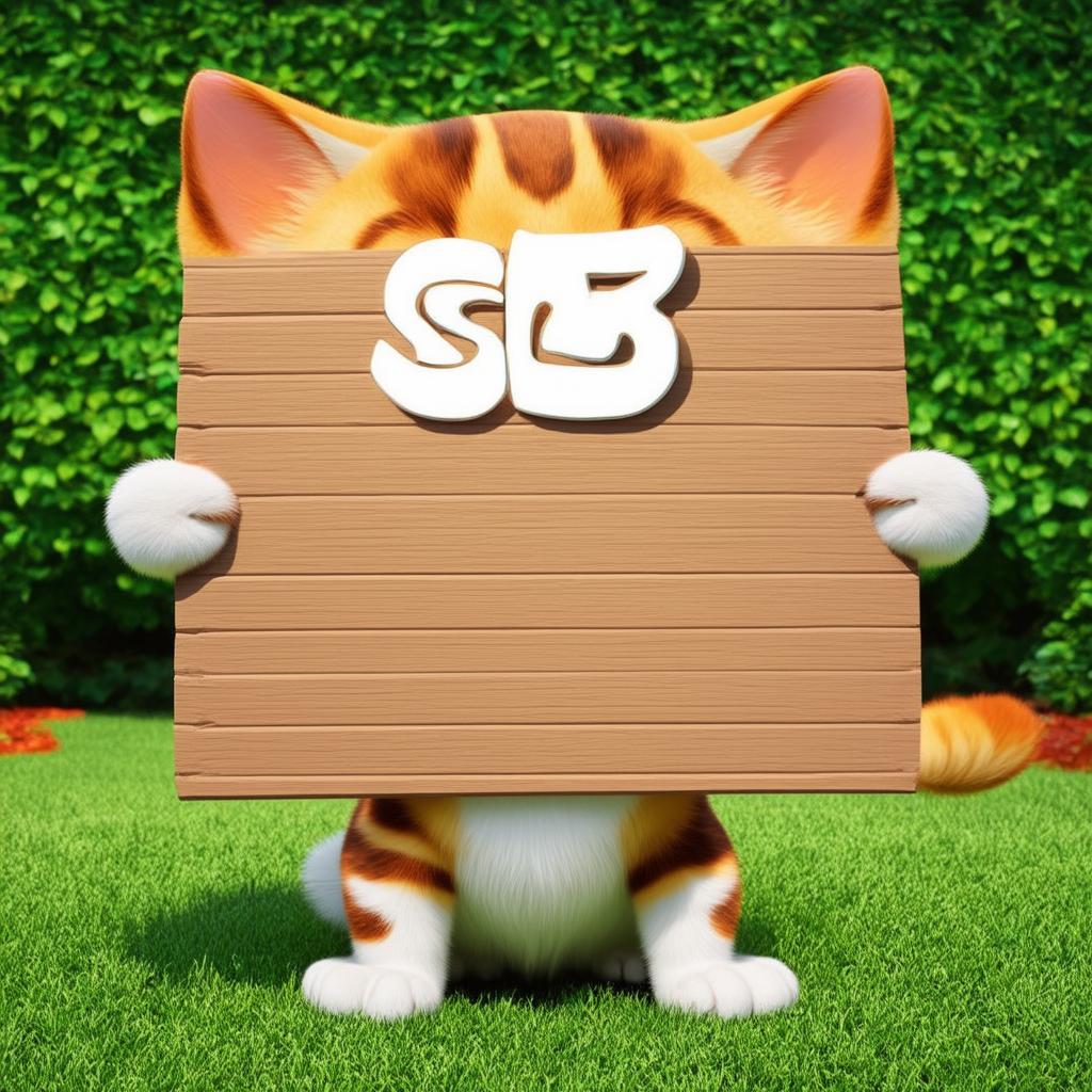  cute 3d cat holding big sign board say ('SD3 live on ModelsLab:1.2)', green garden in background