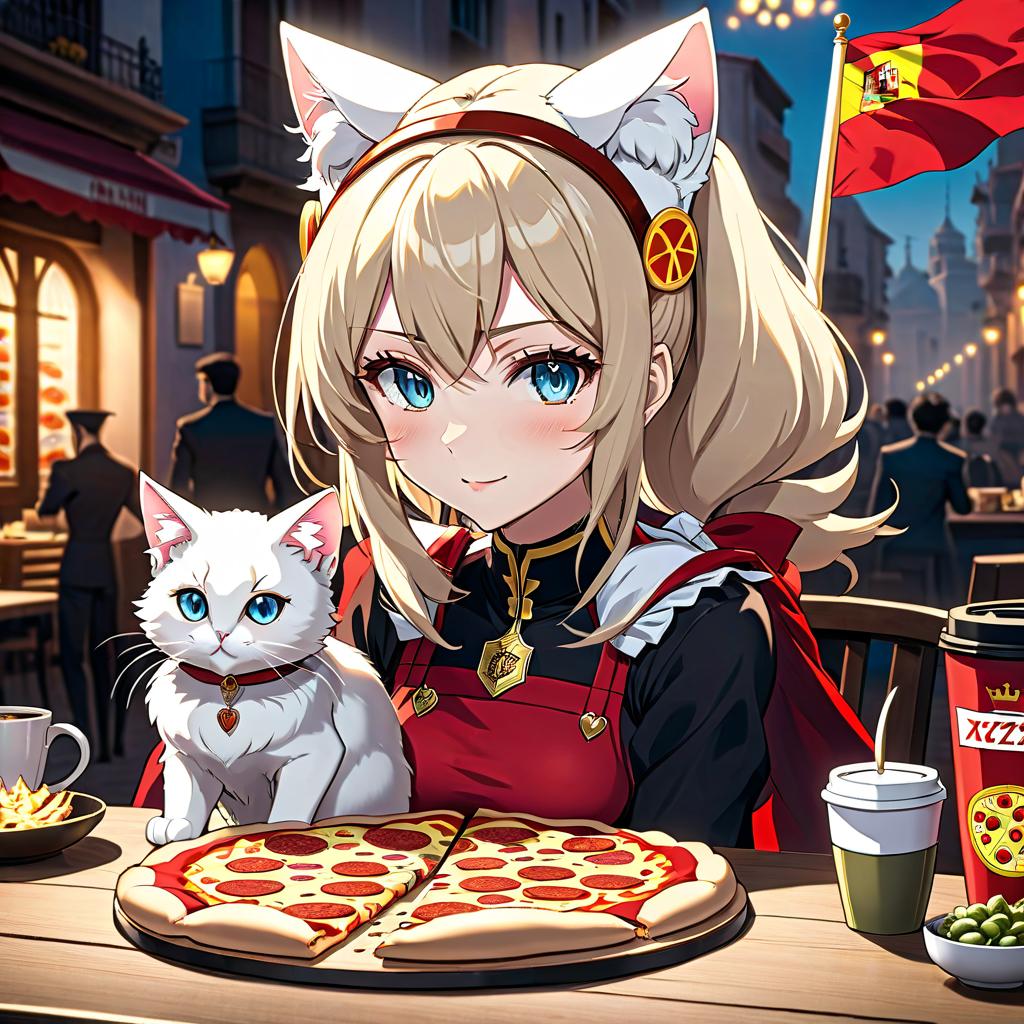  anime artwork The ruler of the country of Spain in 1942 named Kofi Pizza (girl with white cat ears, that likes pizza, coffee and drawing) , the country of Spain with the ideology of monarchism, the flag of the country of Spain with the ideology of monarchism on the background . anime style, key visual, vibrant, studio anime, highly detailed hyperrealistic, full body, detailed clothing, highly detailed, cinematic lighting, stunningly beautiful, intricate, sharp focus, f/1. 8, 85mm, (centered image composition), (professionally color graded), ((bright soft diffused light)), volumetric fog, trending on instagram, trending on tumblr, HDR 4K, 8K