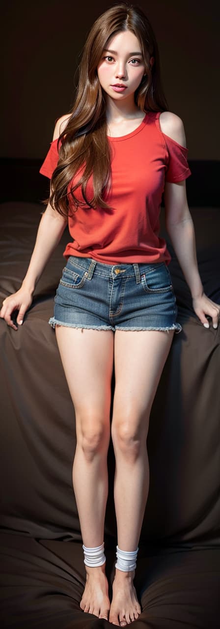  Girls with brown hair, smiles, long hair, red, denim shorts, beautiful legs, back, lower body, sleep in bed, (Masterpiece, BestQuality:1.3), (ultra detailed:1.2), (hyperrealistic:1.3), (RAW photo:1.2),High detail RAW color photo, professional photograph, (Photorealistic:1.4), (realistic:1.4), ,professional lighting, (japanese), beautiful face, (realistic face)