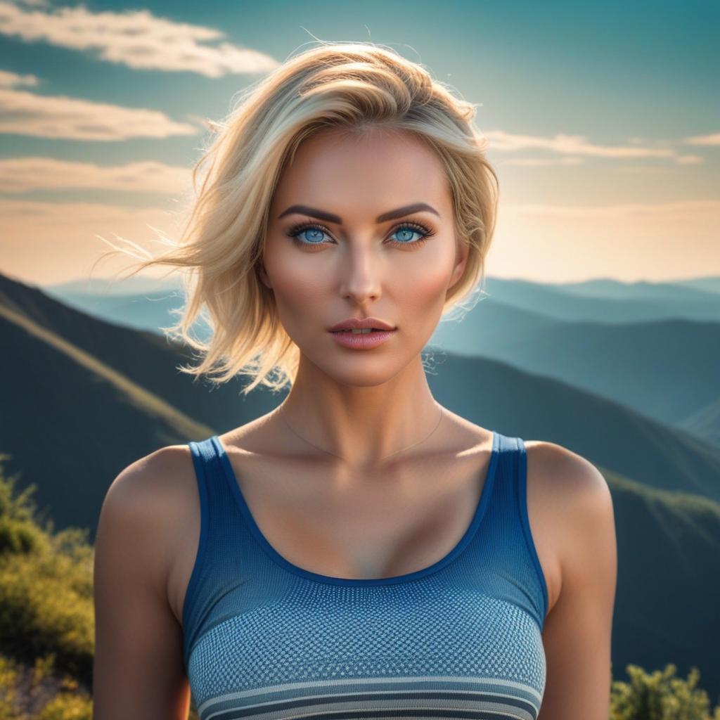  beautiful woman, blue eyes, perfect eyes, blond hair, sun, bright, daylight, on top of a mountain, blue sky, hyperrealistic, full body, detailed clothing, highly detailed, cinematic lighting, stunningly beautiful, intricate, sharp focus, f/1. 8, 85mm, (centered image composition), (professionally color graded), ((bright soft diffused light)), volumetric fog, trending on instagram, trending on tumblr, HDR 4K, 8K