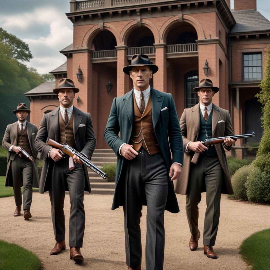  Create an image of an American Irishman from Indiana for the Peaky Blinders movie in 2025 standing outside of a mansion with his gang of Peaky Blinders men holding Tommy guns, ready for a confrontation, depicting a scene of intense tension and power in the 1920s gangster era. hyperrealistic, full body, detailed clothing, highly detailed, cinematic lighting, stunningly beautiful, intricate, sharp focus, f/1. 8, 85mm, (centered image composition), (professionally color graded), ((bright soft diffused light)), volumetric fog, trending on instagram, trending on tumblr, HDR 4K, 8K