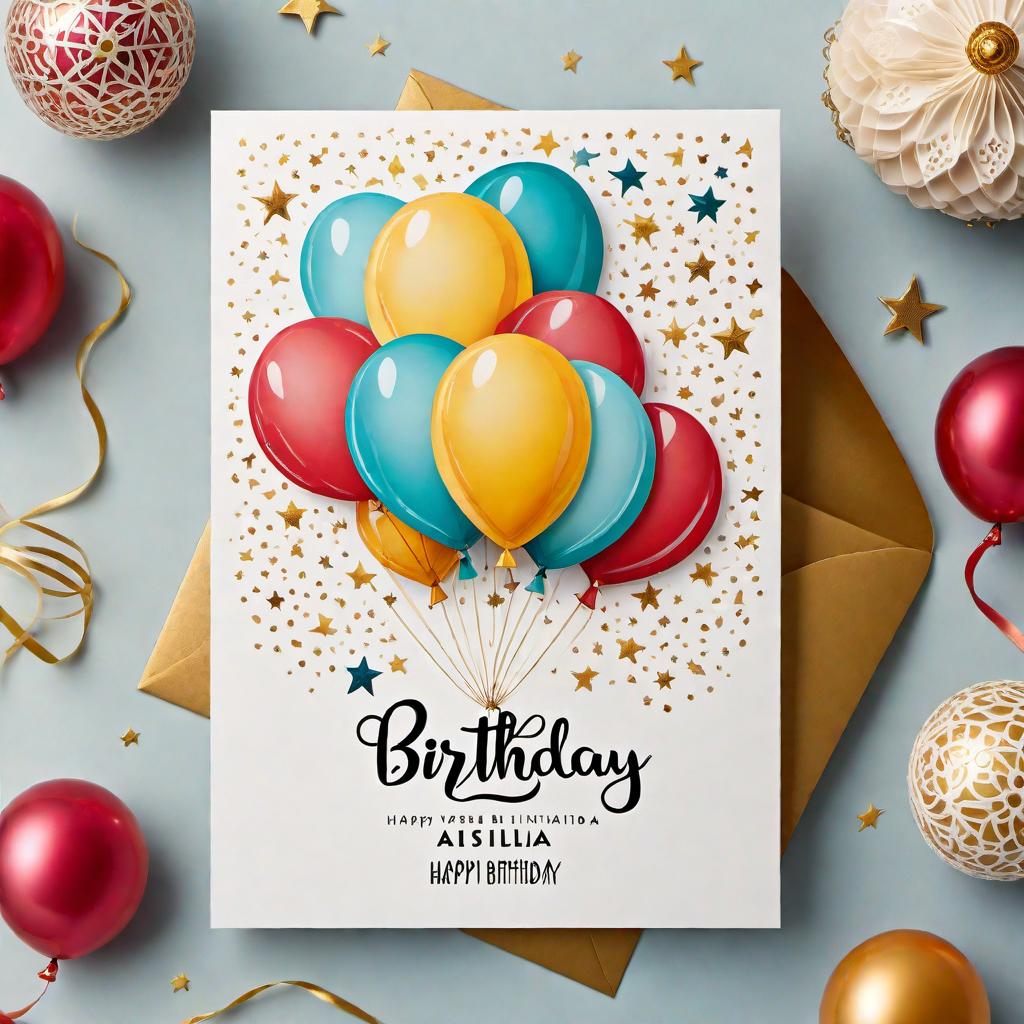  A festive and joyful Muslim-style birthday card with the message: 'Happy Birthday Asiila.' The design should incorporate elements like crescent moons and stars, traditional geometric patterns, and calligraphy. Include colorful balloons, streamers, and a warm, cheerful atmosphere that conveys love and happiness. Add a cake and some family-friendly decorations. hyperrealistic, full body, detailed clothing, highly detailed, cinematic lighting, stunningly beautiful, intricate, sharp focus, f/1. 8, 85mm, (centered image composition), (professionally color graded), ((bright soft diffused light)), volumetric fog, trending on instagram, trending on tumblr, HDR 4K, 8K