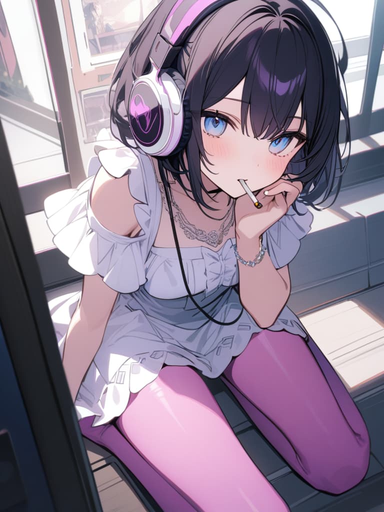  Color tights, headphones, gaming s, black hair, short hair, pats, floral s, s, teak, whole body, cigarettes, purple tattoo, blue eyes , with pink color, pink color tights, wearing white frill s, s with purple rose on the left , s wearing turquoise blue , s smoking cigarettes, masterpiece, best quality,8k,ultra detailed,high resolution,an extremely delicate and beautiful,hyper detail