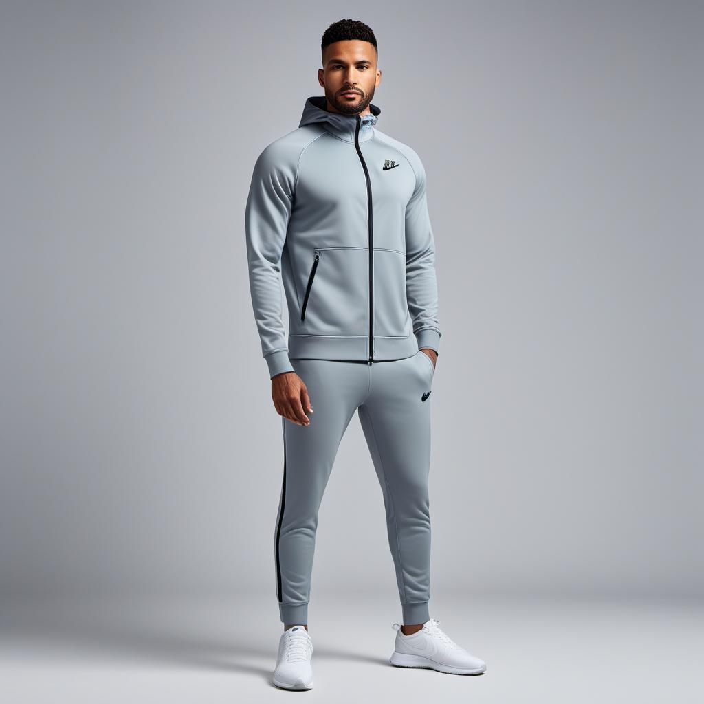  A Nike Tech sweat suit with an 'Active Members' logo prominently displayed. The sweat suit should be stylish, with the logo integrated seamlessly into the design. The background should be simple to focus on the sweat suit and the logo. hyperrealistic, full body, detailed clothing, highly detailed, cinematic lighting, stunningly beautiful, intricate, sharp focus, f/1. 8, 85mm, (centered image composition), (professionally color graded), ((bright soft diffused light)), volumetric fog, trending on instagram, trending on tumblr, HDR 4K, 8K