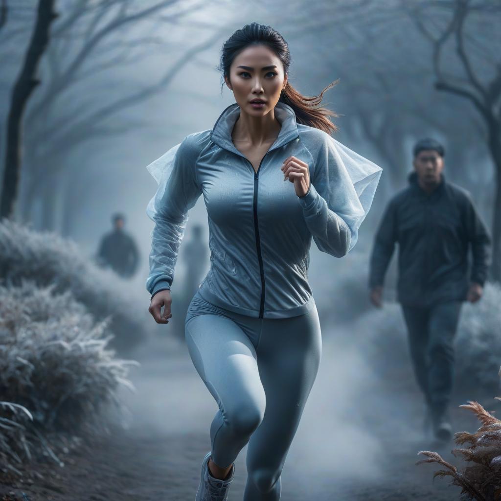  "The girl runs, ghost, war, cold, frost.", hkmagic hyperrealistic, full body, detailed clothing, highly detailed, cinematic lighting, stunningly beautiful, intricate, sharp focus, f/1. 8, 85mm, (centered image composition), (professionally color graded), ((bright soft diffused light)), volumetric fog, trending on instagram, trending on tumblr, HDR 4K, 8K