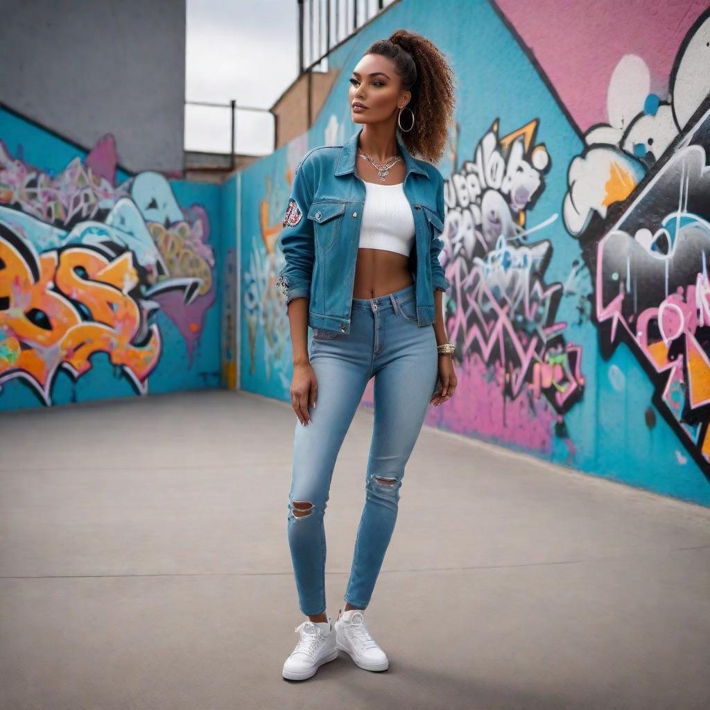  A beautiful female model at a skatepark, wearing a diamond-clustered milkshake pendant. She is stylishly dressed, perhaps in casual yet trendy clothing, with the skatepark visible in the background complete with ramps and colorful graffiti. hyperrealistic, full body, detailed clothing, highly detailed, cinematic lighting, stunningly beautiful, intricate, sharp focus, f/1. 8, 85mm, (centered image composition), (professionally color graded), ((bright soft diffused light)), volumetric fog, trending on instagram, trending on tumblr, HDR 4K, 8K