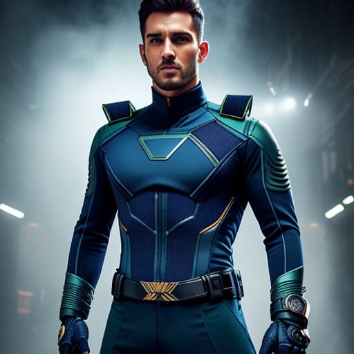  image of a 18 boy wearing thigt a dark blue secret agent costume with green strips and howling wolf design hyperrealistic, full body, detailed clothing, highly detailed, cinematic lighting, stunningly beautiful, intricate, sharp focus, f/1. 8, 85mm, (centered image composition), (professionally color graded), ((bright soft diffused light)), volumetric fog, trending on instagram, trending on tumblr, HDR 4K, 8K