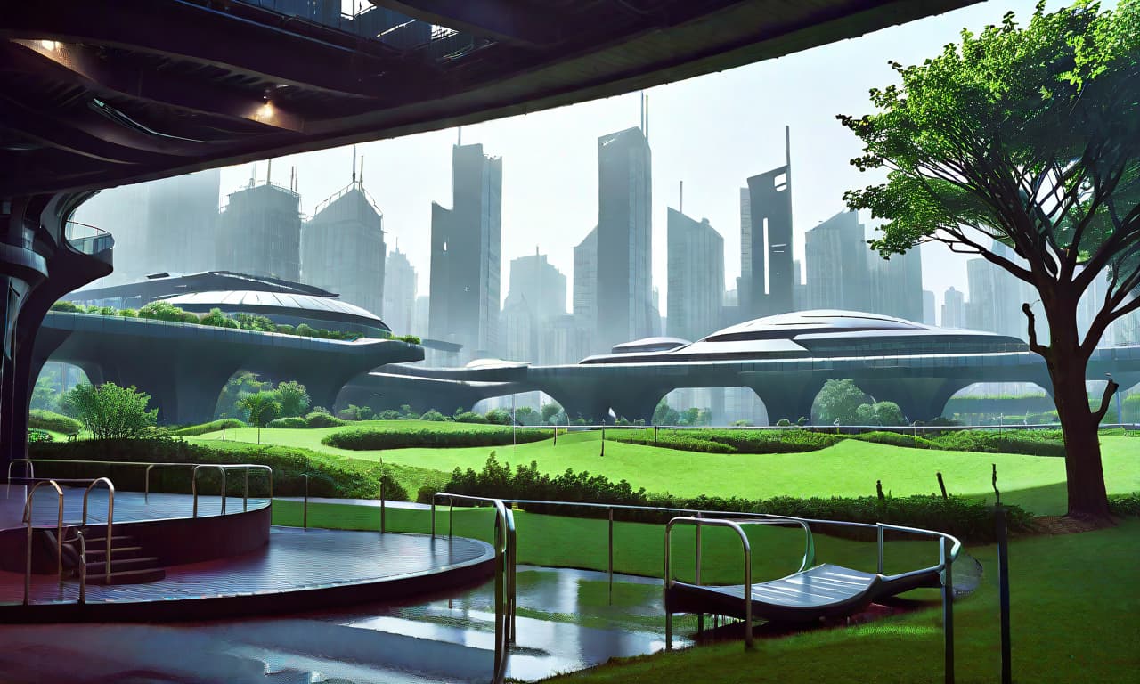  cyberpunk game style A futuristic urban district . Scene Description: Central spine as a green park with leisure activities on top and transportation/shelter below. iconic architectural structures repeatedly. Futuristic, eco friendly urban design. Aesthetics: Dramatic and harmonious blend of nature and technology. dark atmosphere, clear composition, clear lines, fine detail, 4k, trending on artstation, volumetric lighting, background, 16k, high resolution, atmospheric haze, Film grain, cinematic film still, shallow depth of field, highly detailed, moody, epic, photorealistic, atmospheric lighting, volumetric lighting. The technique of painting is simple, cinematic. ethereal lights, mysterious and alluring atmosphere, trending on art galle hyperrealistic, full body, detailed clothing, highly detailed, cinematic lighting, stunningly beautiful, intricate, sharp focus, f/1. 8, 85mm, (centered image composition), (professionally color graded), ((bright soft diffused light)), volumetric fog, trending on instagram, trending on tumblr, HDR 4K, 8K