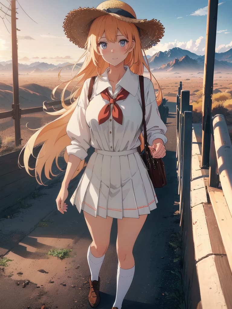  (score 9), score 8 up, highres, 1girl, anime, school uniform, straw hat, desert hyperrealistic, full body, detailed clothing, highly detailed, cinematic lighting, stunningly beautiful, intricate, sharp focus, f/1. 8, 85mm, (centered image composition), (professionally color graded), ((bright soft diffused light)), volumetric fog, trending on instagram, trending on tumblr, HDR 4K, 8K