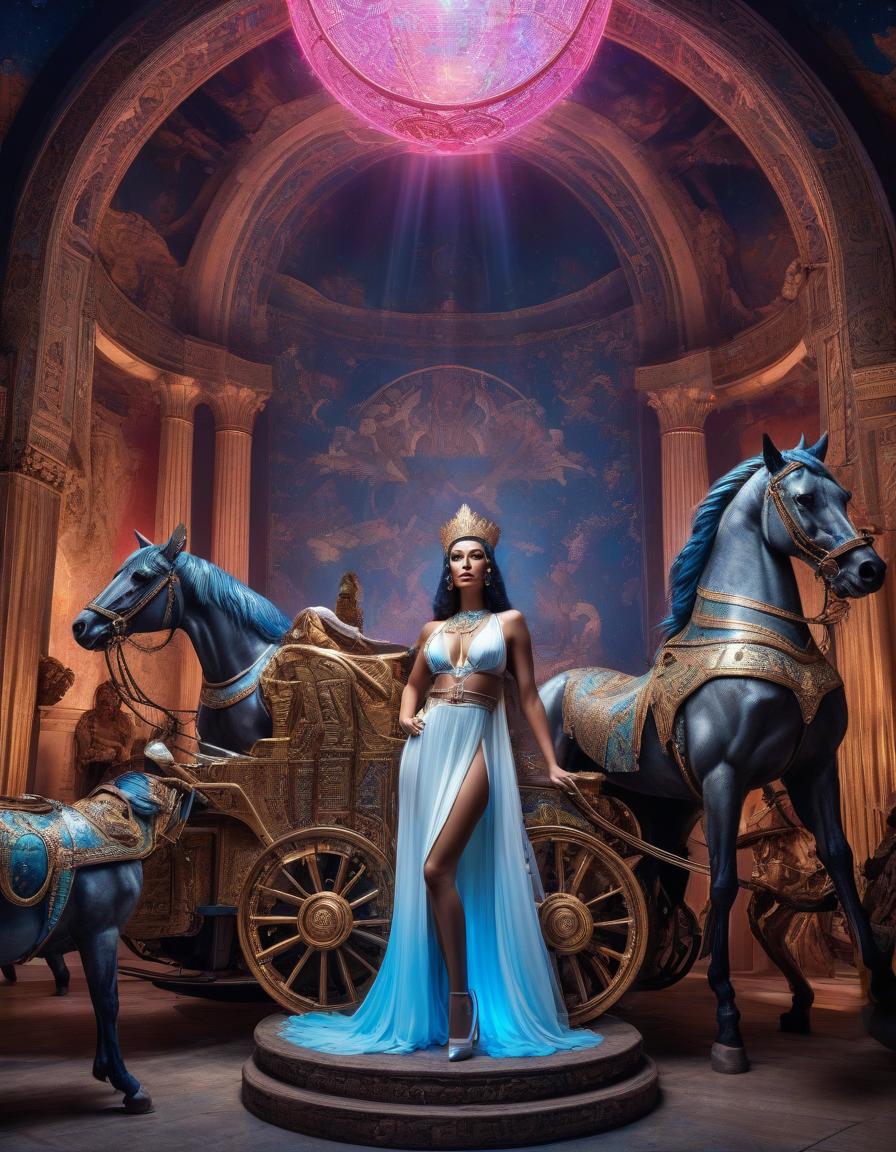  Fantasy picture. Digital photo, Cleopatra is standing on a chariot and controlling two horses harnessed to the chariot in a glowing orb, emitting white blue red glow, neon pink sparks, mysterious glow. Sparks fly from under the wheels of the chariot. Unreal, fantastical detailed background: surrealist, intertwining in a strange whimsical ornament. Fine details. Sparkles. Style: Art Deco. Abstraction. Surrealistic idea in Andrew Johns, Fragonard, Josephine Wal, Antoine Watteau, Sabbas Apollo, Alfons Mucha, Aubrey Beardsley. Enchanting simplicity. High quality. HDR. hyperrealistic, full body, detailed clothing, highly detailed, cinematic lighting, stunningly beautiful, intricate, sharp focus, f/1. 8, 85mm, (centered image composition), (professionally color graded), ((bright soft diffused light)), volumetric fog, trending on instagram, trending on tumblr, HDR 4K, 8K