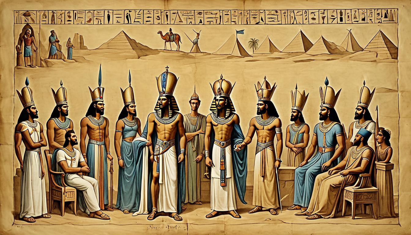  on parchment, surrealism+++, Joseph standing in Pharaoh's court, interpreting dreams, Pharaoh and courtiers listening intently, symbols of authority and wisdom, regal, authoritative(mysterious, provocative, symbolic,muted color)+++