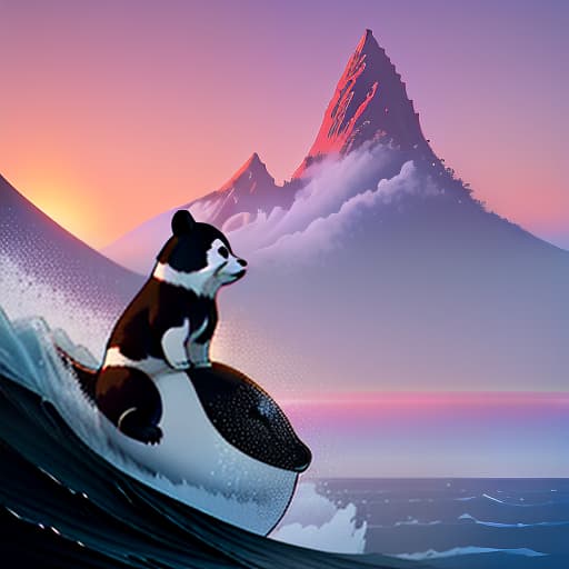  Panda and a girl on sails board against the background of a sunset in a cartoon style., animal, illustration, flat, vector, detailed. hyperrealistic, full body, detailed clothing, highly detailed, cinematic lighting, stunningly beautiful, intricate, sharp focus, f/1. 8, 85mm, (centered image composition), (professionally color graded), ((bright soft diffused light)), volumetric fog, trending on instagram, trending on tumblr, HDR 4K, 8K