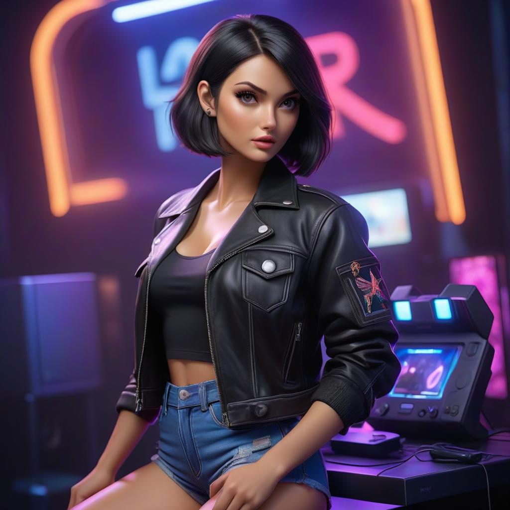  A girl with dark hair, in a bob cut, wearing a black top and denim shorts, in a black leather jacket, is playing a PlayStation console under ultraviolet lighting. hyperrealistic, full body, detailed clothing, highly detailed, cinematic lighting, stunningly beautiful, intricate, sharp focus, f/1. 8, 85mm, (centered image composition), (professionally color graded), ((bright soft diffused light)), volumetric fog, trending on instagram, trending on tumblr, HDR 4K, 8K