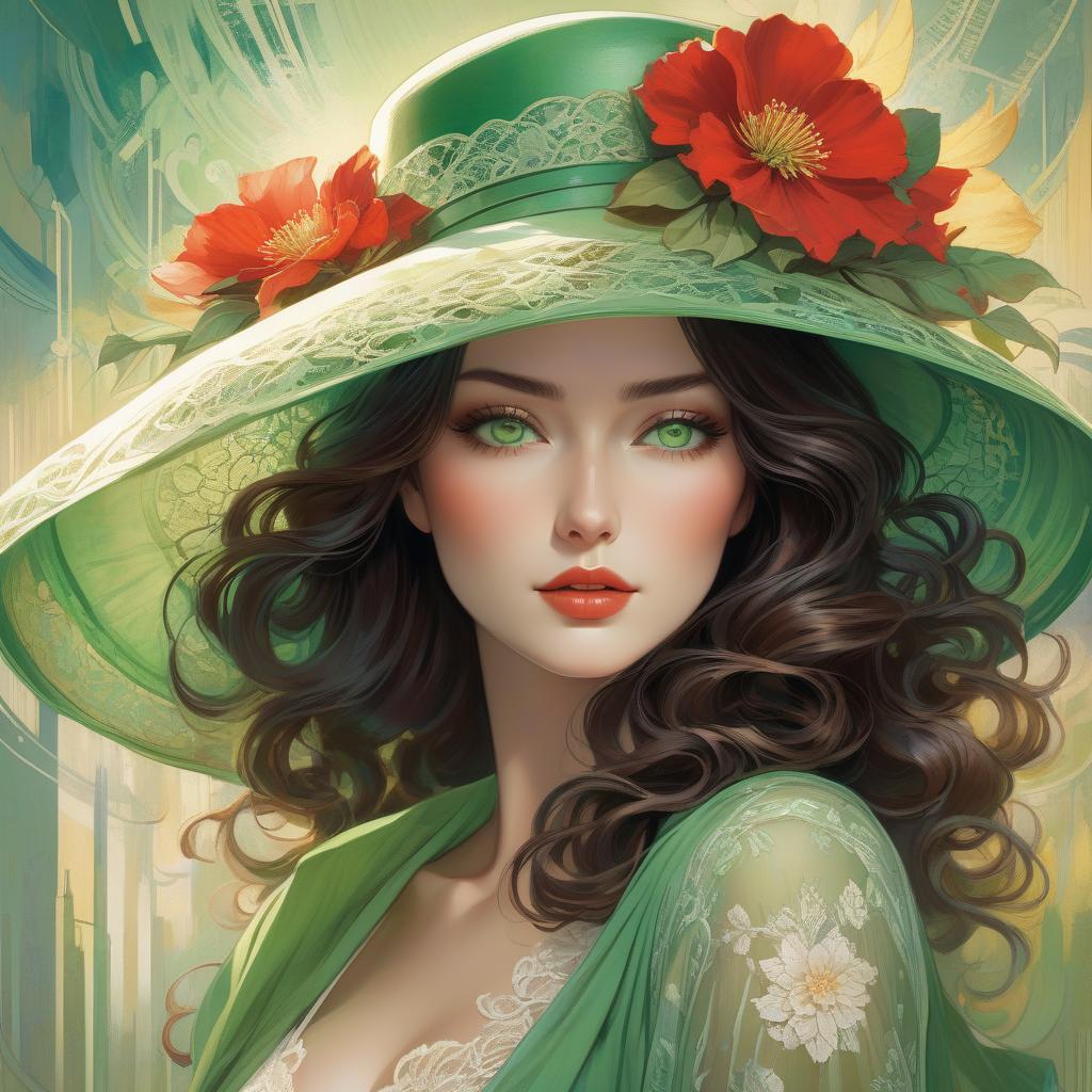  abstract expressionist painting A digital artwork of a woman with green eyes, wavy hair, wearing a broad brimmed hat adorned with a flower, set against a colorful backdrop. Art deco masterpiece by legendary artists that include vlop, Victo Ngai, Annigoni, Milo Manara, Botticelli, Catrin Welz Stein, Jean Metzinger, Gustav Klimt, image of a young woman with a fair complexion and soft facial features. She has charming almond shaped hazel eyes and full lips that add to her serene expression. Her wavy, dark brown hair falls gracefully under a wide brimmed, light green hat decorated with intricate lace patterns and a delicate red flower. The background merges with her form in a dreamy watercolor blend of green, red and hints of yellow, suggesting hyperrealistic, full body, detailed clothing, highly detailed, cinematic lighting, stunningly beautiful, intricate, sharp focus, f/1. 8, 85mm, (centered image composition), (professionally color graded), ((bright soft diffused light)), volumetric fog, trending on instagram, trending on tumblr, HDR 4K, 8K