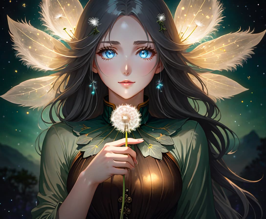  anime artwork A beautiful girl with ice blue eyes and long white hair holds a dandelion in her hands against the backdrop of the milky way. . anime style, key visual, vibrant, studio anime, highly detailed hyperrealistic, full body, detailed clothing, highly detailed, cinematic lighting, stunningly beautiful, intricate, sharp focus, f/1. 8, 85mm, (centered image composition), (professionally color graded), ((bright soft diffused light)), volumetric fog, trending on instagram, trending on tumblr, HDR 4K, 8K