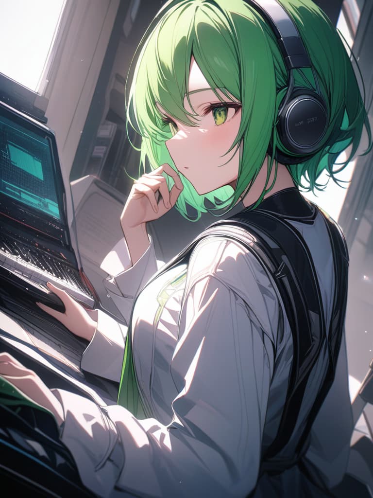  Green hair short hair character equipped with headphones only with white loincloth, masterpiece, best quality,8k,ultra detailed,high resolution,an extremely delicate and beautiful,hyper detail