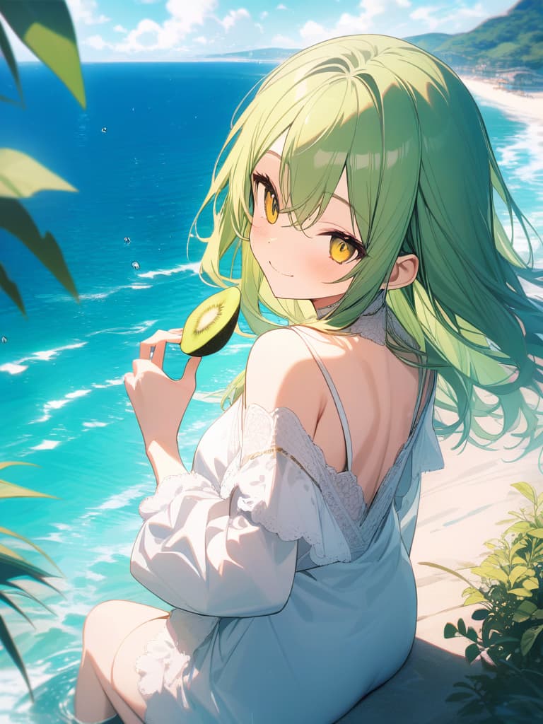  Cute, , big eyes, smiles, smiles, yellow green hair color, yellow green eyes, sea, beautiful scenery, water splash, , , kiwi eating, back, fluffy hair, long hair, long., masterpiece, best quality,8k,ultra detailed,high resolution,an extremely delicate and beautiful,hyper detail