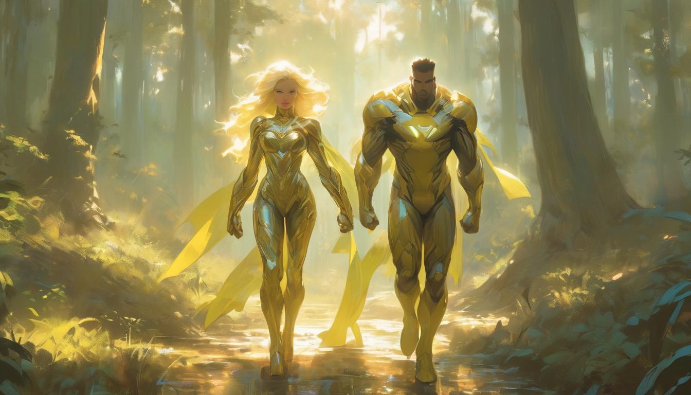  hyperrealism,fantasy aesthetic1woman 1man, large busted attractive blonde arian female humanoid and handsome male humanoid, walking hand in hand through a peaceful forest, subtle glowing light, high tech clothing clad in sleek, futuristic costume with metallic accents and form fitting designs, marvel superhero comics style, unreal engine rendering