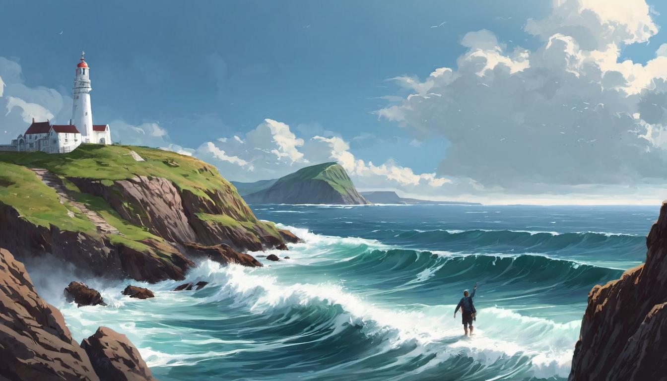  digital illustration, 1man, standing at cliff's edge, outstretched arms towards the sky, rugged coastline in background with waves crashing, feeling of triumph, liberation, self fulfillment, looking at viewer, dynamic pose, (intricate details, masterpiece, best quality)