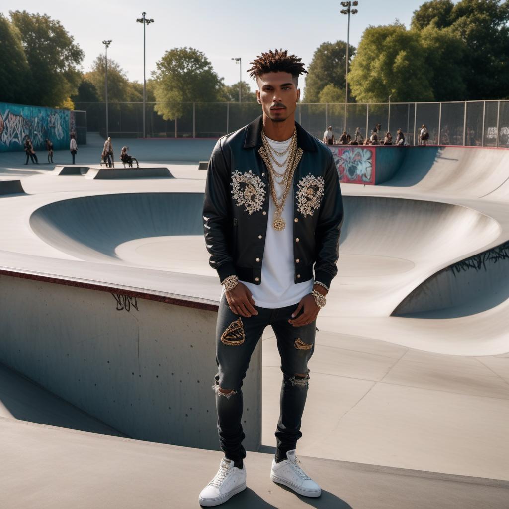  A male model at a skatepark wearing high-end diamond jewelry. The model should be stylishly dressed, perhaps in trendy streetwear fashion, with chains, rings, and a diamond-encrusted watch clearly visible. The skatepark should have ramps, graffiti, and a chill urban vibe. hyperrealistic, full body, detailed clothing, highly detailed, cinematic lighting, stunningly beautiful, intricate, sharp focus, f/1. 8, 85mm, (centered image composition), (professionally color graded), ((bright soft diffused light)), volumetric fog, trending on instagram, trending on tumblr, HDR 4K, 8K