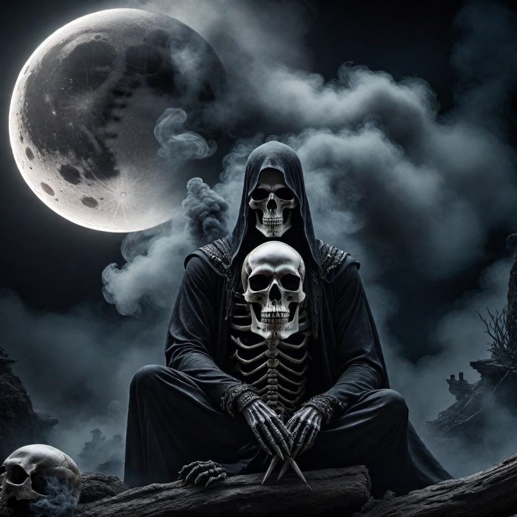  A dark, mysterious image featuring smoke skulls and the moon, creating an eerie and captivating atmosphere. The skulls are intertwined with wisps of smoke, with the moon casting a haunting glow in the background. The scene evokes a sense of mystery and fascination. hyperrealistic, full body, detailed clothing, highly detailed, cinematic lighting, stunningly beautiful, intricate, sharp focus, f/1. 8, 85mm, (centered image composition), (professionally color graded), ((bright soft diffused light)), volumetric fog, trending on instagram, trending on tumblr, HDR 4K, 8K