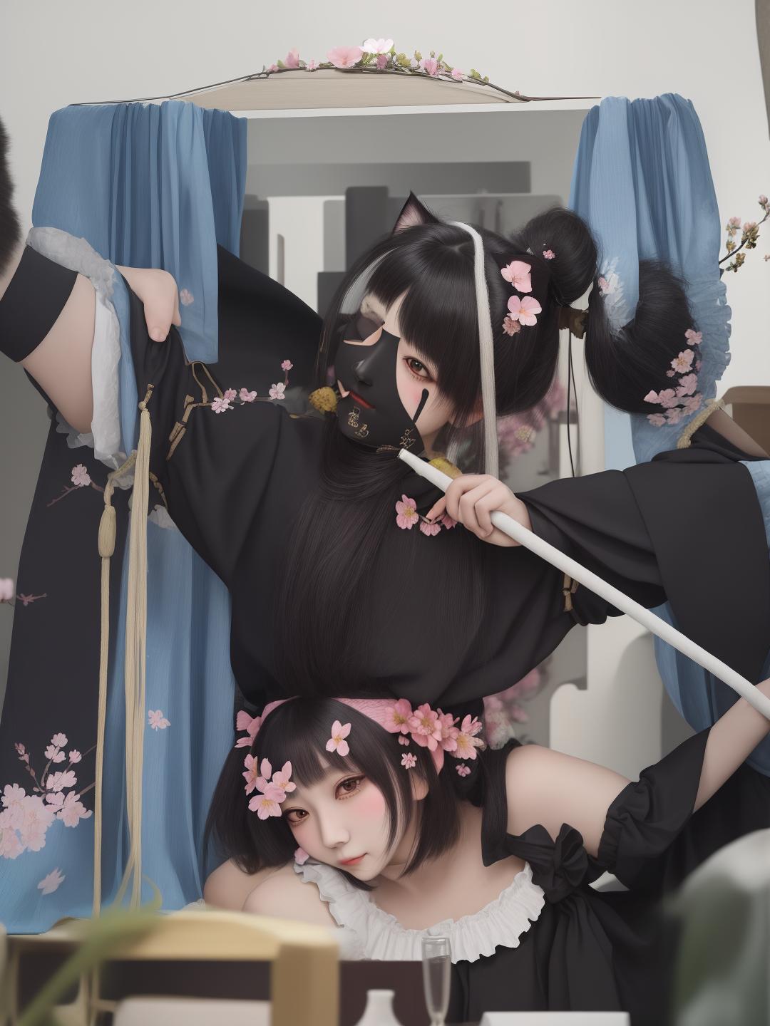  masterpiece, best quality, (female:1.1), female imp, higher quality, realistic portrait, delicate facial features, samurai, maid, cat eye, cat ears,2D blush, shy, smirk, medium hair, black hair, bangs, low ponytail, headband, head flower, indoor, diesel punk, tindal effect, butterfly, cherry blossom