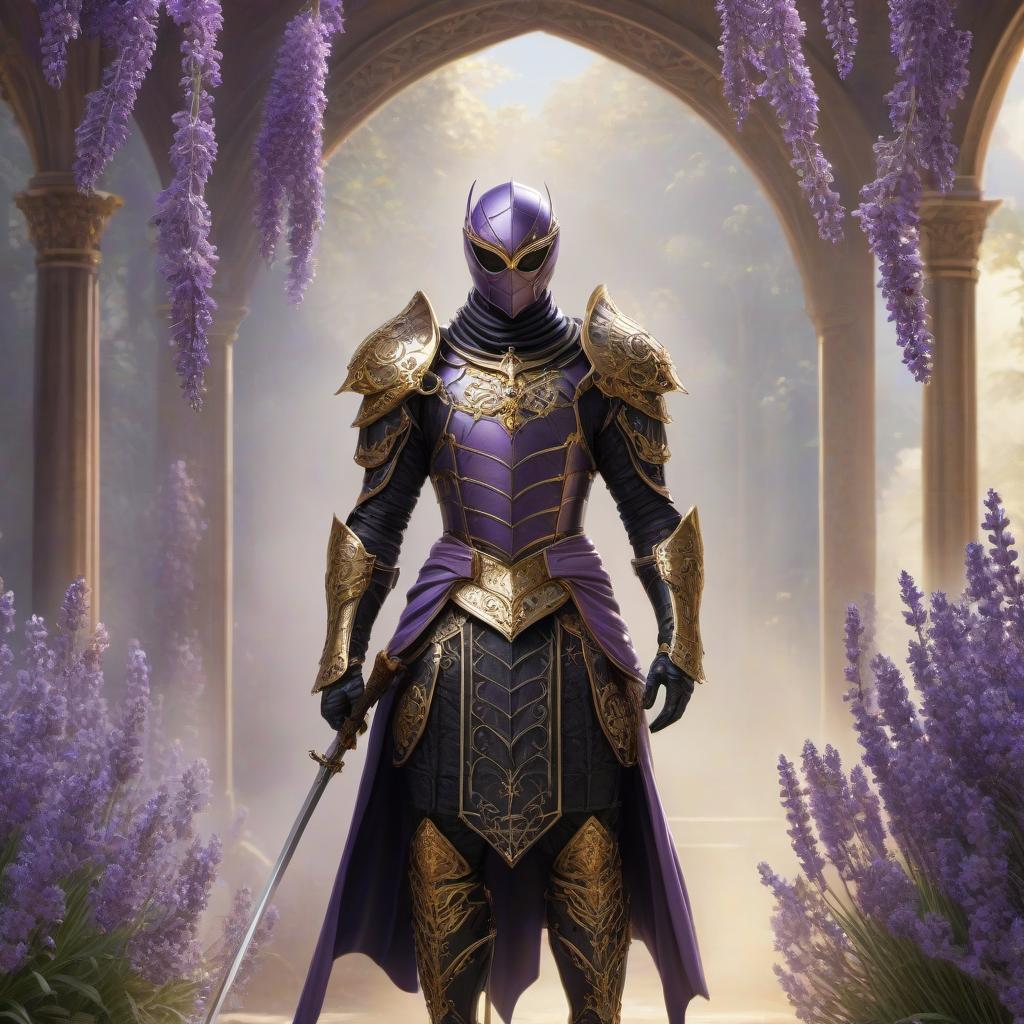  concept art A divine figure of an anthropomorphic lavender spider wearing black European armor with golden patterns, a sword, covered in silk in the background. . digital artwork, illustrative, painterly, matte painting, highly detailed hyperrealistic, full body, detailed clothing, highly detailed, cinematic lighting, stunningly beautiful, intricate, sharp focus, f/1. 8, 85mm, (centered image composition), (professionally color graded), ((bright soft diffused light)), volumetric fog, trending on instagram, trending on tumblr, HDR 4K, 8K