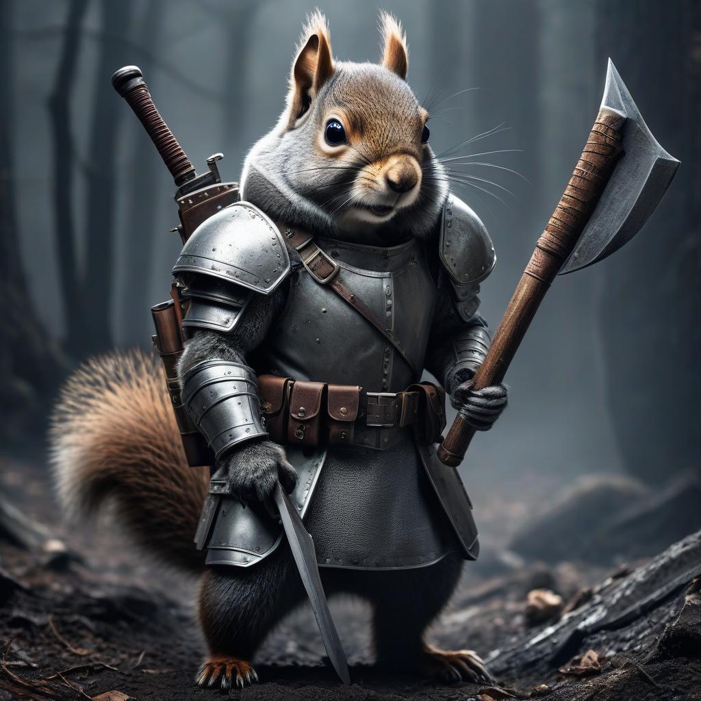  dystopian style A Grimy Squirrel Soldier in gray armor, with a frighteningly large axe in both hands, against a dark background. . bleak, post apocalyptic, somber, dramatic, highly detailed hyperrealistic, full body, detailed clothing, highly detailed, cinematic lighting, stunningly beautiful, intricate, sharp focus, f/1. 8, 85mm, (centered image composition), (professionally color graded), ((bright soft diffused light)), volumetric fog, trending on instagram, trending on tumblr, HDR 4K, 8K