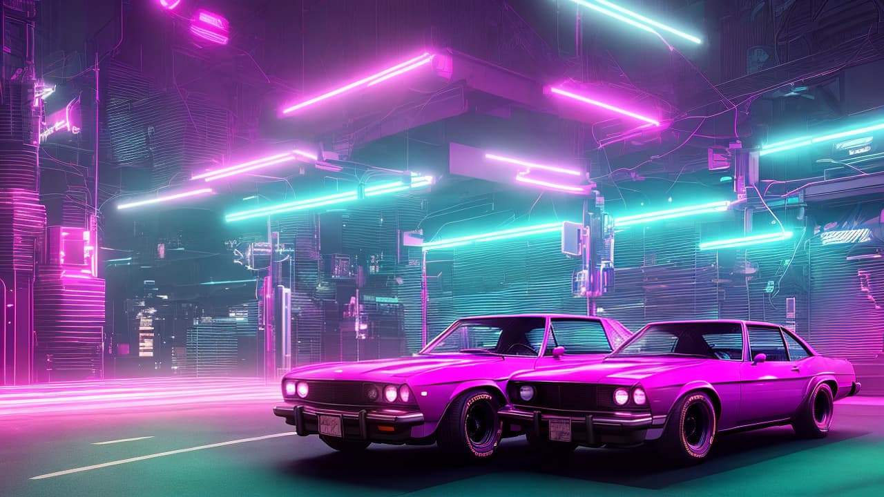 nvinkpunk Car, moon, neon lights, 1980s, retrowave hyperrealistic, full body, detailed clothing, highly detailed, cinematic lighting, stunningly beautiful, intricate, sharp focus, f/1. 8, 85mm, (centered image composition), (professionally color graded), ((bright soft diffused light)), volumetric fog, trending on instagram, trending on tumblr, HDR 4K, 8K