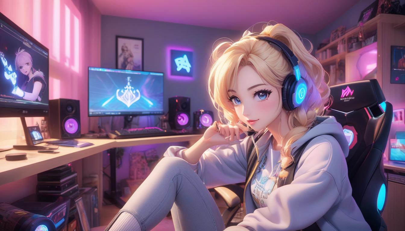   .award winning photo, Streamer E , performing a popular TikTok dance, selfie shot, in her room filled with gaming and anime merchandise, perfect lighting casting a soft glow, dressed in casual yet trendy clothes, makeup perfectly done with a winged eyeliner and a soft pink lip, blond hair styled in loose waves, sparkling blue eyes, a wide smile lighting up her face, dynamic pose capturing the energy of the dance, a high end computer setup in the background, a comfortable gaming chair, LED lights casting colorful hues around the room, posters of popular anime and games adorning the wall, vint colors adding a lively atmosphere, sharp details making every element stand out, extremely detailed CG, best quality, ilration, arts hyperrealistic, full body, detailed clothing, highly detailed, cinematic lighting, stunningly beautiful, intricate, sharp focus, f/1. 8, 85mm, (centered image composition), (professionally color graded), ((bright soft diffused light)), volumetric fog, trending on instagram, trending on tumblr, HDR 4K, 8K