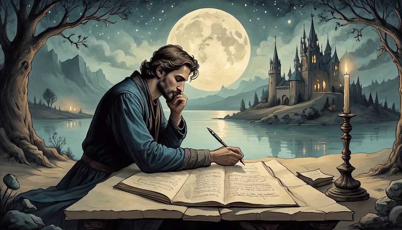  on parchment, surrealism+++, Person in deep thought, quiet night setting, illuminated by soft light, journal open, atmosphere of reflection and introspection, gentle surroundings(mysterious, provocative, symbolic,muted color)+++