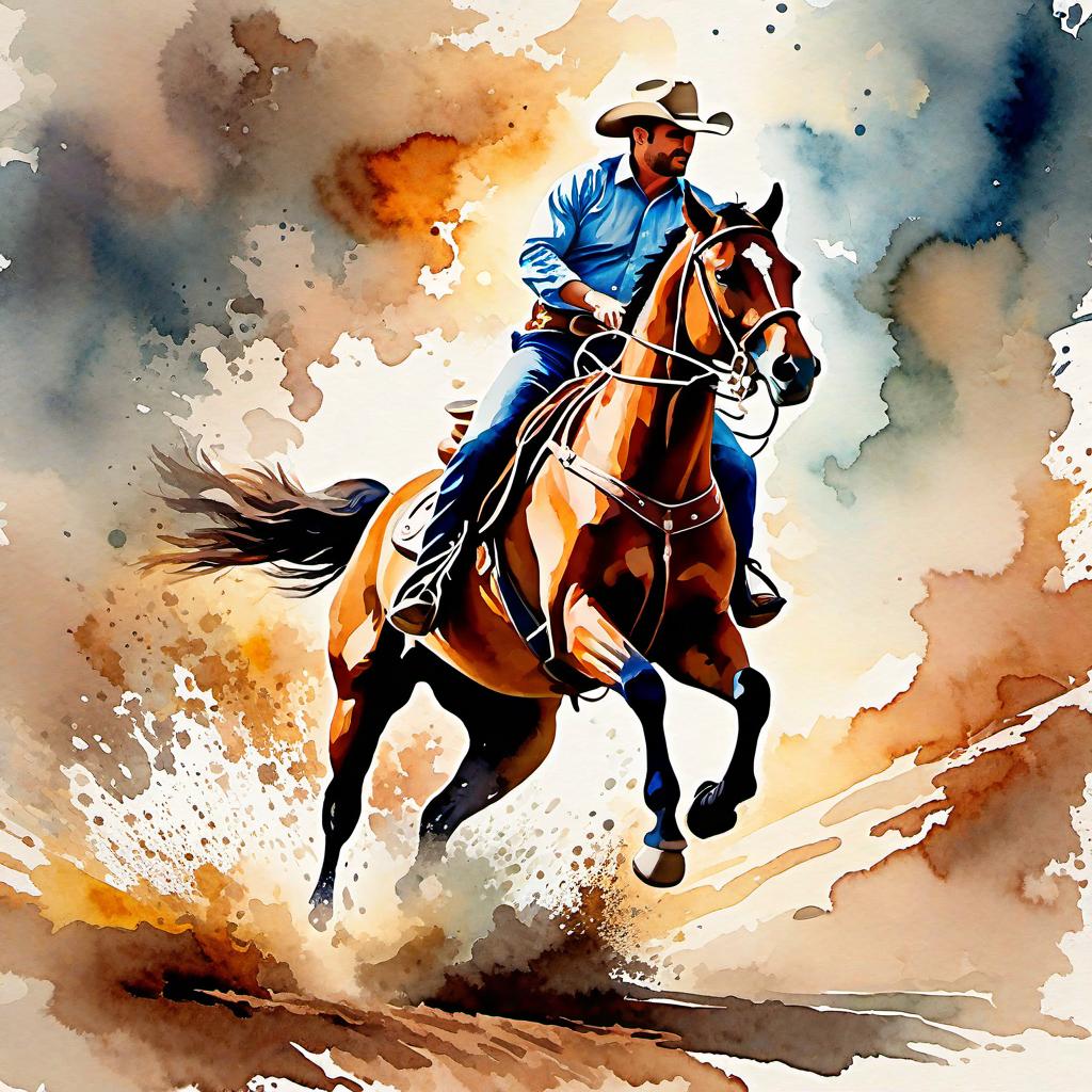  Create a watercolor painting of a man ridding a bucking horse at a rodeo. The background features soft, watercolor style splashes in earthy tones, giving the image an artistic and dreamy feel. Ensure the overall image has a delicate watercolor effect.